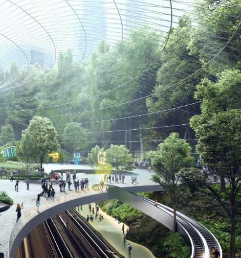 An artist's impression of an environmentally green airport. Two railway lines are shown under bridge, which is accessed via an escalator, Trees surround the bridge, all under a glass roof.