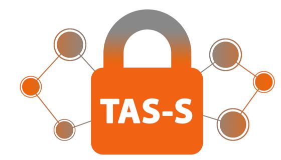 Logo for the TAS-S node. An orange and grey closed padlock, featuring the Node's acronym in white letters. To both sides of the padlock, there are three orange and grey circles, interconnected by lines