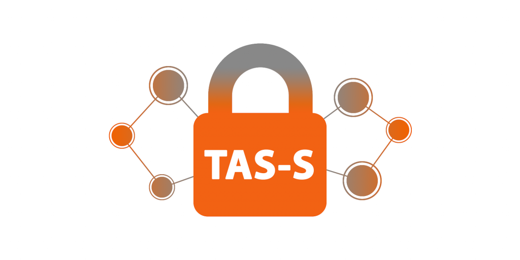 Logo for the TAS-S node. An orange and grey closed padlock, featuring the Node's acronym in white letters. To both sides of the padlock, there are three orange and grey circles, interconnected by lines