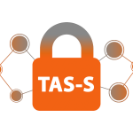 Logo for the TAS-S node. An orange and grey closed padlock, featuring the Node's acronym in white letters. To both sides of the padlock, there are three orange and grey circles, interconnected by lines