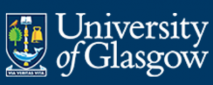 Logo of the University of Glasgow. A shield is shown to the left of the name of the university, on a blue background